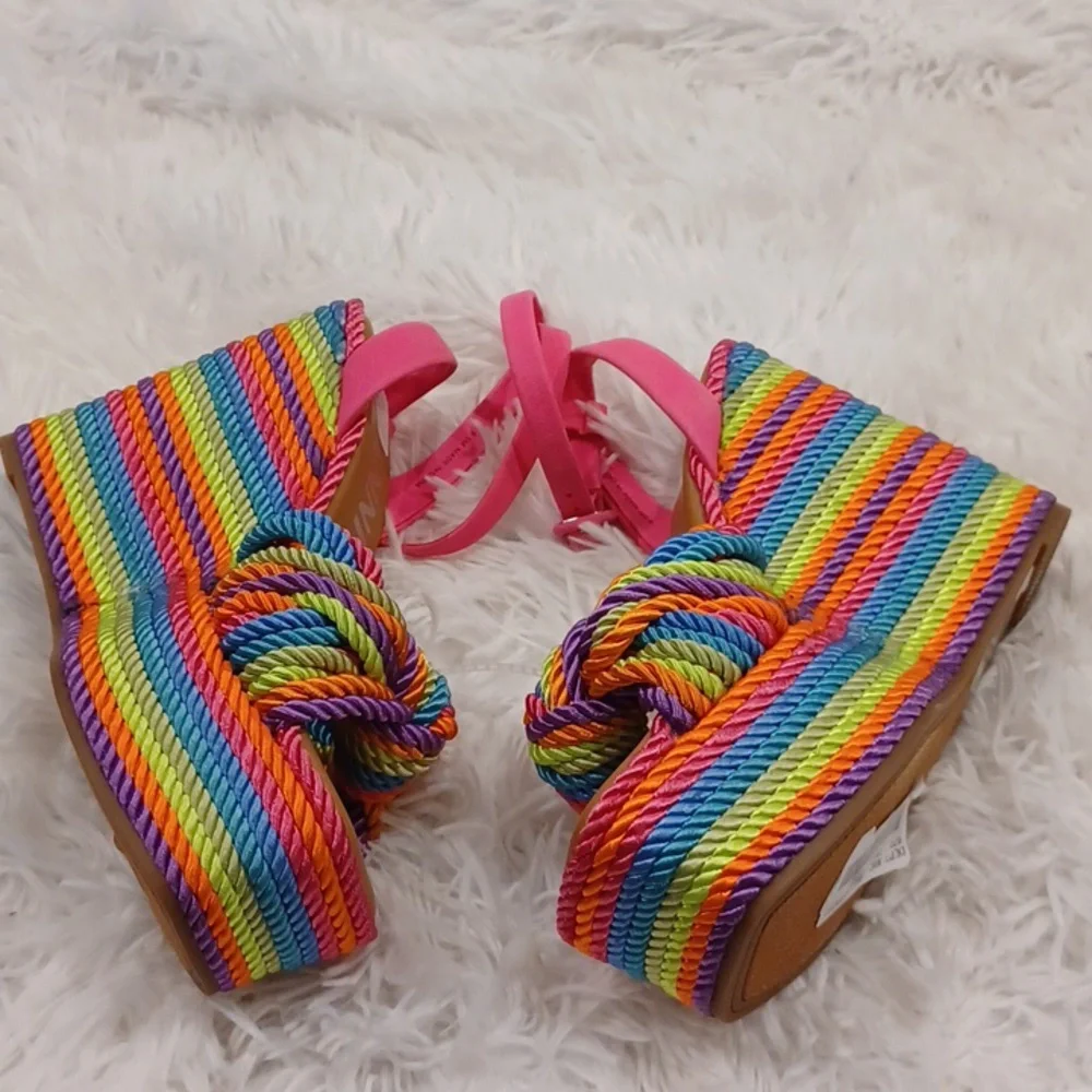 Gianni Bini Rainbow Striped Platform Sandals with Pink Straps